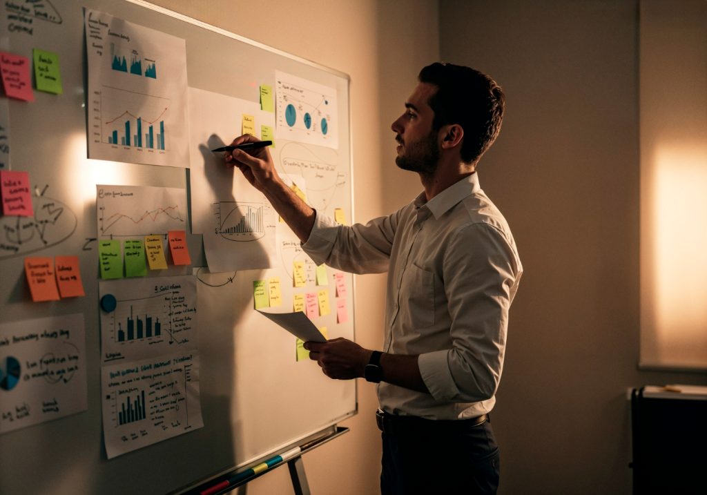 Un hombre de camisa blanca, de pie, escribe con un marcador en un pizarrón lleno de gráficos y notas. La imagen ilustra la aplicación de un plan de negocios en etapa inicial.