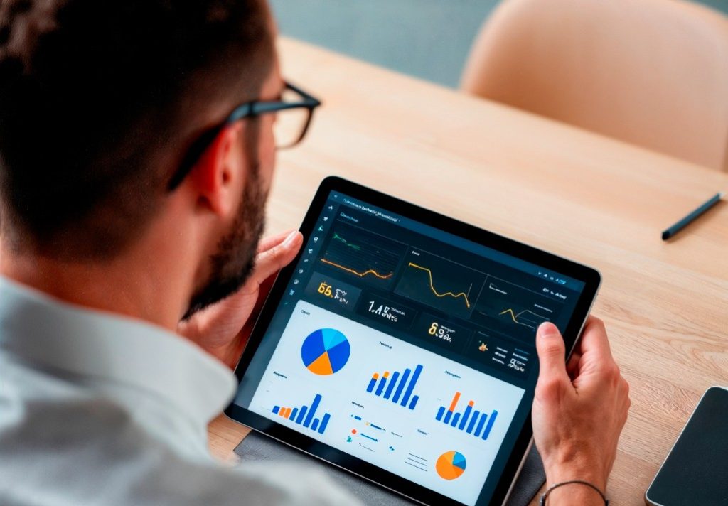 Vista de un hombre que revisa gráficas en una tableta electrónica. La imagen representa la revisión y análisis de datos. 